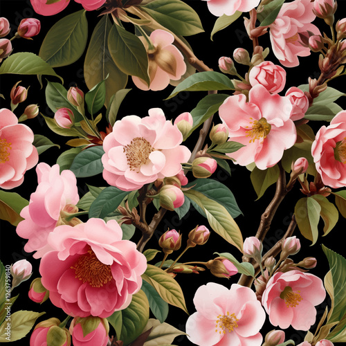 Seamless vector pattern with blooming sakura isolated on a changeable background. Vintage painting style illustration.