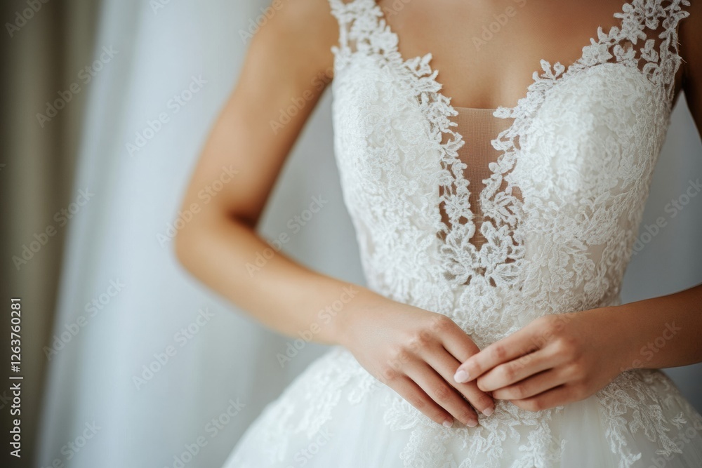 Delicate lace details elegantly designed on a white wedding dress with space for personalized text. Generative AI Delicate lace details elegantly designed on a white wedding dress with space for personalized text. Generative AI