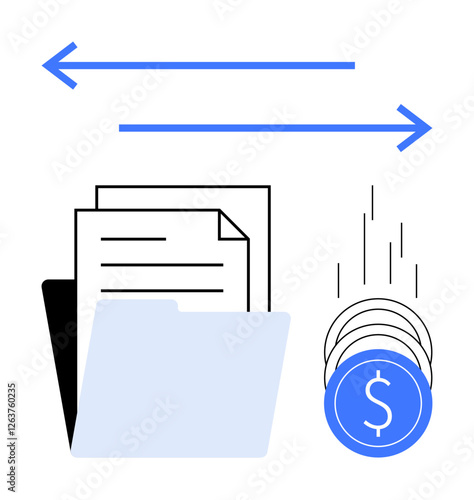 Papers in folder next to descending coins and horizontal arrows indicating exchange. Ideal for finance, data exchange, banking, business transactions, investments, accounting, online payments. Line