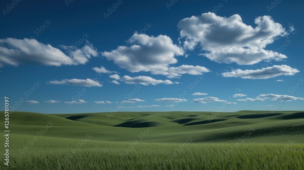 landscape photograph of a vast green field with a clear blue sky in the background. The sky is filled with white, fluffy clouds that are scattered across the horizon 3 landscape photograph of a vast green field with a clear blue sky in the background. The sky is filled with white, fluffy clouds that are scattered across the horizon 3