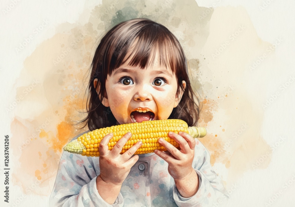 Happy girl excitedly holding a fresh ear of corn, showcasing joy and delight