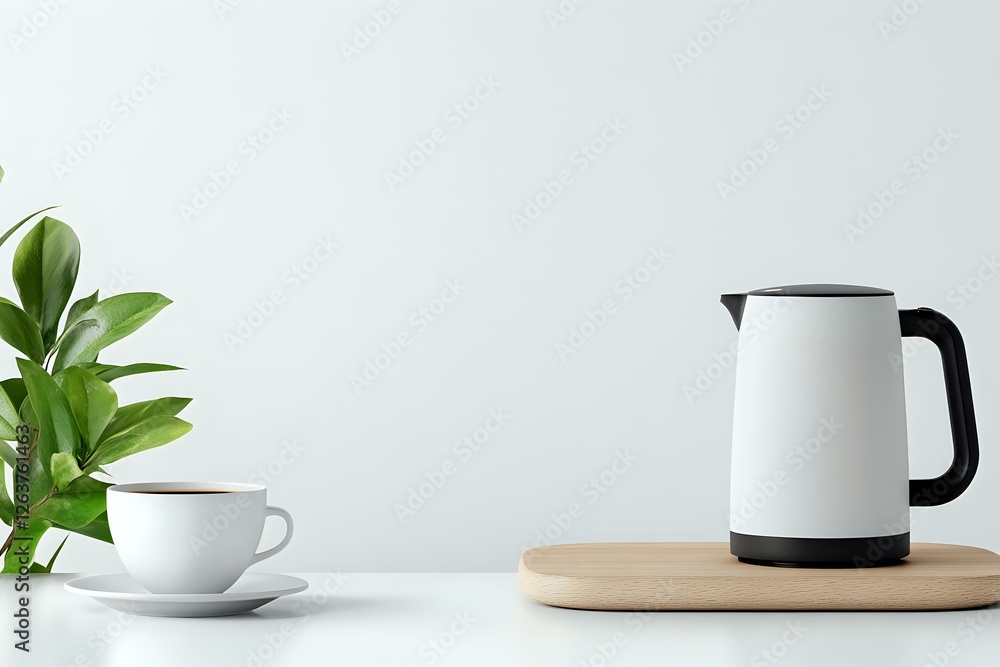 Modern white electric kettle on wooden board with coffee cup and green plant against light wall, minimalist kitchen counter setup for morning routine. Modern white electric kettle on wooden board with coffee cup and green plant against light wall, minimalist kitchen counter setup for morning routine.