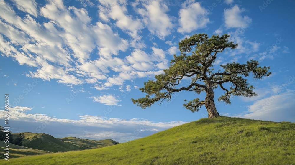 Obraz premium landscape photograph, On the right side of the image, there is single tree on a green hill. The sky is a bright blue with white fluffy clouds scattered across it. 4