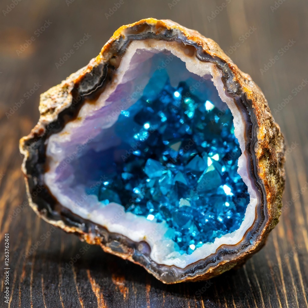 Obraz premium Cracking Open a Dark Crystal Geode to Reveal Glowing Neon Minerals