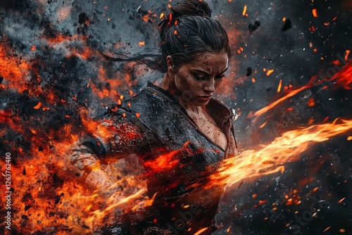 Dynamic collage featuring a powerful warrior woman fiercely battling while casting fiery spells photo