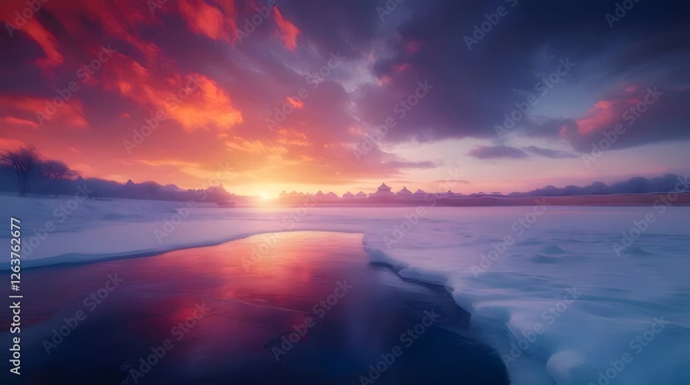 Vibrant sunset over frozen river, winter landscape. Vibrant sunset over frozen river, winter landscape.