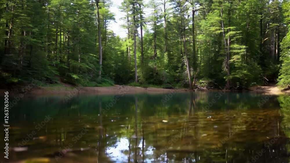 A calm lake reflecting the surrounding forest, with the water perfectly still. A calm lake reflecting the surrounding forest, with the water perfectly still.