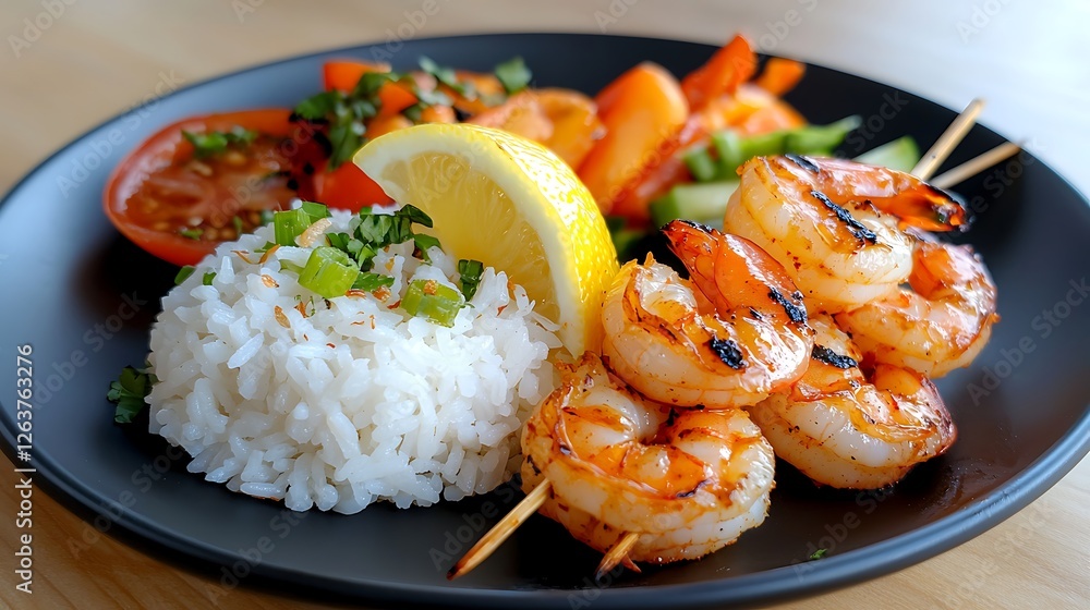 Grilled Shrimp Skewers With Rice And Vegetables On Dark Plate Grilled Shrimp Skewers With Rice And Vegetables On Dark Plate
