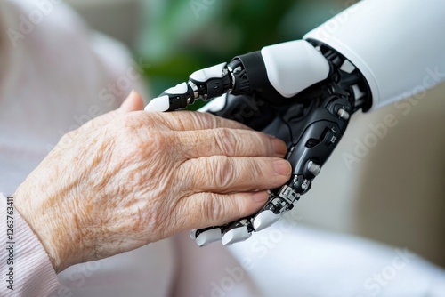 This poignant image depicts a robotic hand gently holding an elderly human hand, symbolizing compassion, care, and the harmonious relationship between technology and humanity. photo