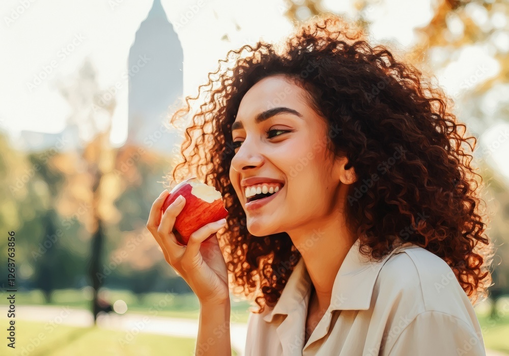 Smiling woman enjoying a fresh apple in a sunny park setting Smiling woman enjoying a fresh apple in a sunny park setting