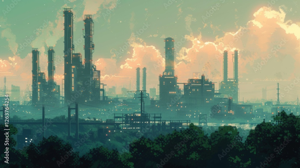Industrial factories and chimneys rise through a misty greenish sky, juxtaposed with a serene foreground of trees, blending industry and nature. AI generated. Industrial factories and chimneys rise through a misty greenish sky, juxtaposed with a serene foreground of trees, blending industry and nature. AI generated.