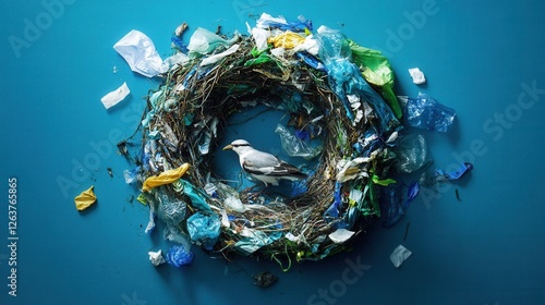 Plastic Waste in Bird Nest Illustrating Environmental Pollution Crisis photo