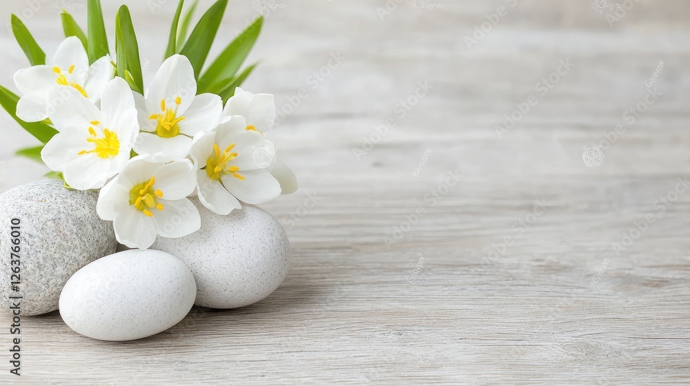 Naklejka premium White flowers, stones, wood background; spa, wellness