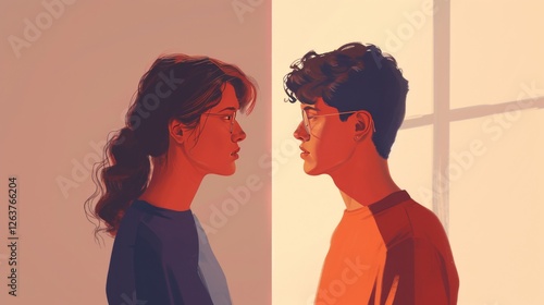 A digital artwork of a man and woman standing face to face, with warm red and yellow tones creating a vibrant and intimate atmosphere. AI generated.