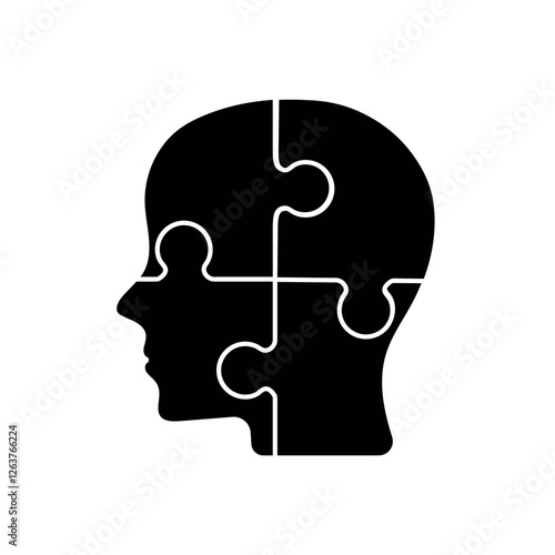 Head puzzle icon. Four jigsaw pieces. Creativity, inspiration, logical thinking. Human brain potential. Vector silhouette head puzzle four pieces, steps, parts. Business infographic concept.