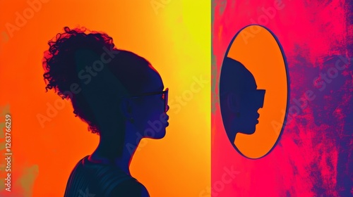 A striking silhouette of a woman with curly hair and glasses, reflecting in a circular mirror against a glowing neon background. AI generated.