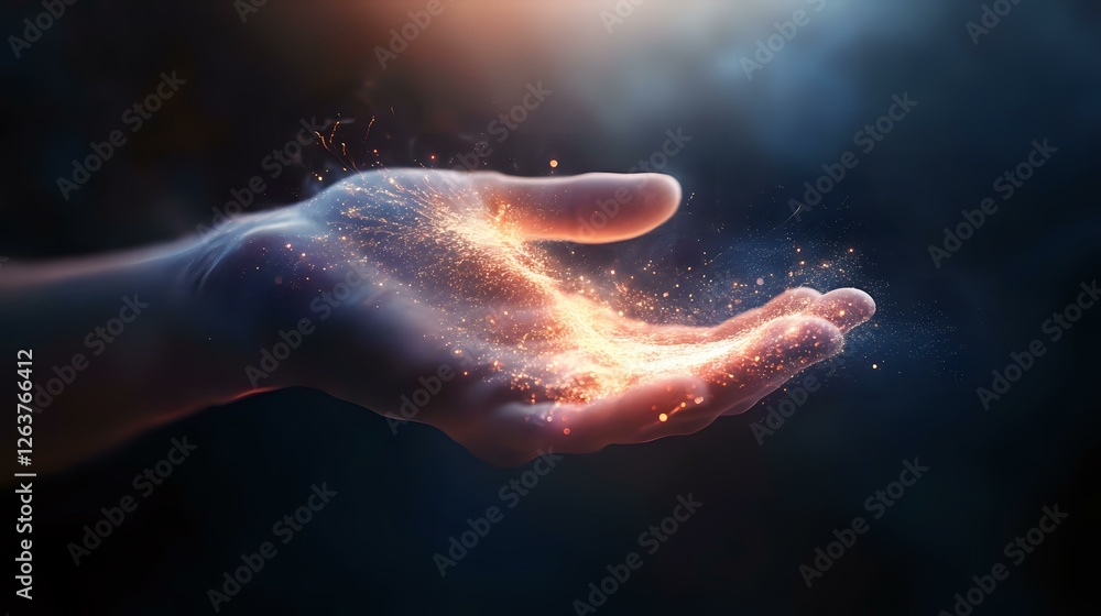 Fototapeta premium Open palm holding glowing magical light with sparkling particles against dark background, mystical energy concept for spiritual and fantasy designs.