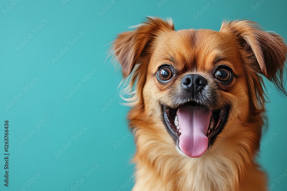 Happy small brown mixed breed dog with tongue out against turquoise background, close up portrait showing joyful expression and fluffy ears. Happy small brown mixed breed dog with tongue out against turquoise background, close up portrait showing joyful expression and fluffy ears.