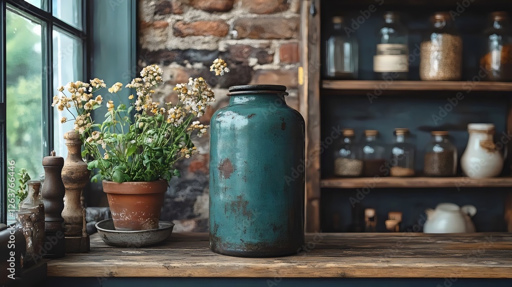 Obraz premium A blue vase with flowers sits on a wooden table