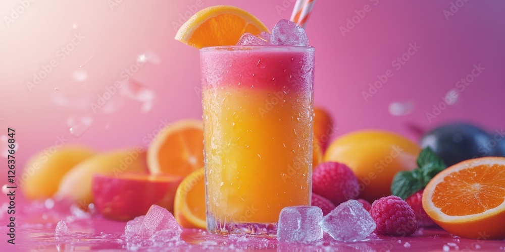 Refreshing tropical drink with vibrant colors and fresh fruit on a vivid background Refreshing tropical drink with vibrant colors and fresh fruit on a vivid background