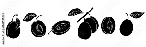Set of plum silhouettes and seasonal fruit pieces. Vector graphics.