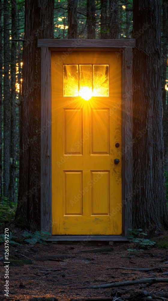 Bright Yellow Door Illuminated by Sunset in Tranquil Forest Setting Bright Yellow Door Illuminated by Sunset in Tranquil Forest Setting