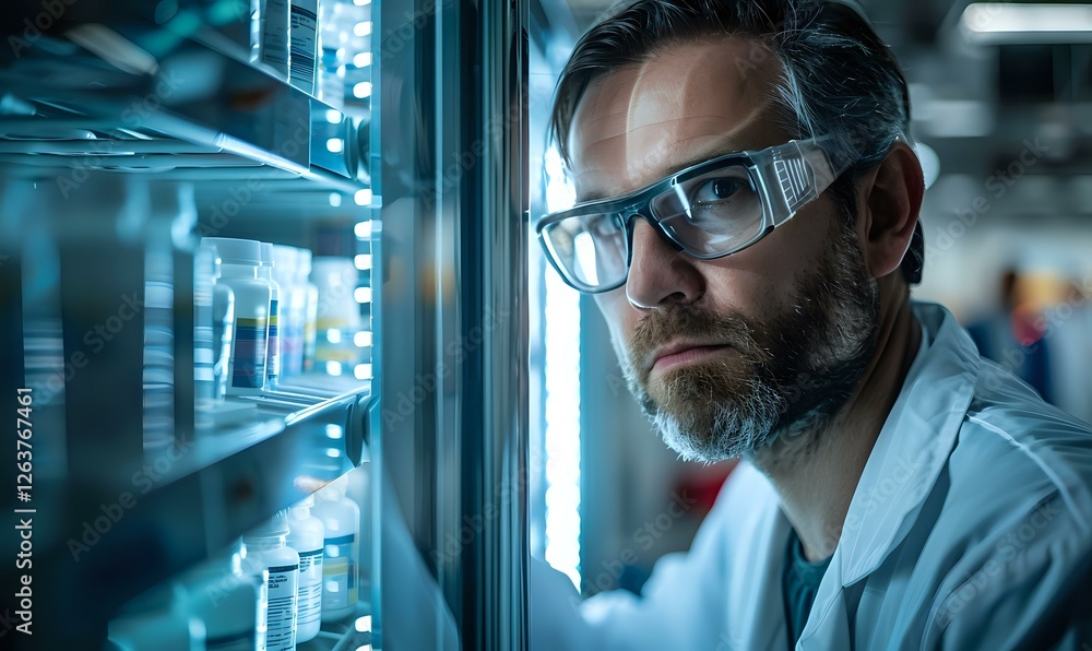 Mature bearded scientist in protective eyewear examining laboratory samples in illuminated storage unit. Modern research facility setting with blue lighting. Mature bearded scientist in protective eyewear examining laboratory samples in illuminated storage unit. Modern research facility setting with blue lighting.