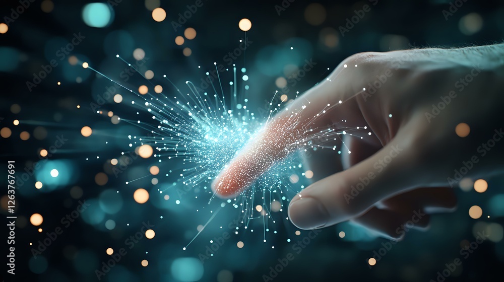 Human finger touching glowing digital point with light burst effect and bokeh particles against dark background, representing artificial intelligence connection. Human finger touching glowing digital point with light burst effect and bokeh particles against dark background, representing artificial intelligence connection.