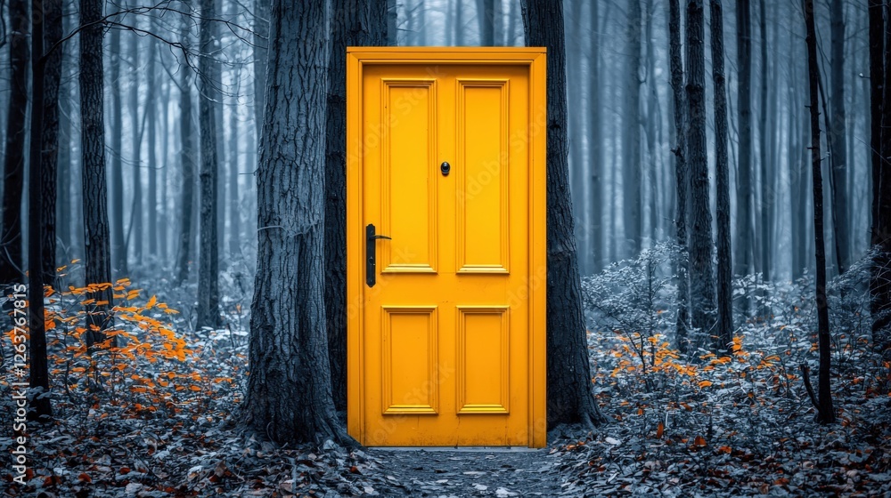 Bright Yellow Door Surrounded by Black and White Forest Landscape Bright Yellow Door Surrounded by Black and White Forest Landscape