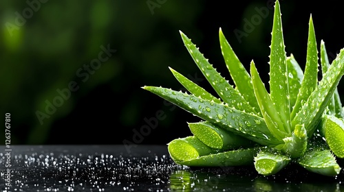 Fresh green aloe vera plant with water drops on dark background, natural skincare and wellness concept for spa and cosmetic design.