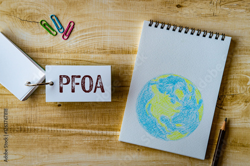 There is word card with the word PFOA. It is an abbreviation for Per Fluoro Octanoic Acid as eye-catching image. photo