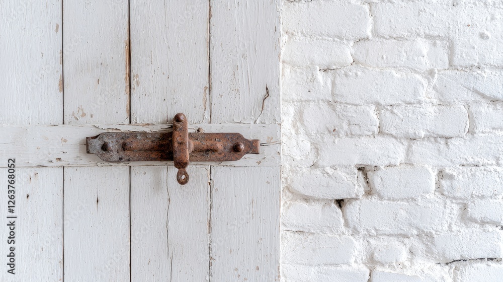 Rustic white door latch on brick wall; interior design Rustic white door latch on brick wall; interior design