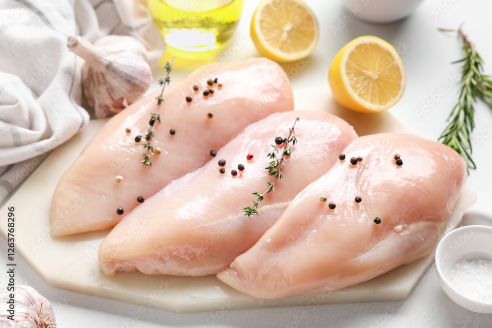 Board with raw chicken breast and different spices on white background