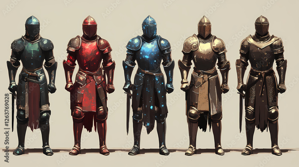 Naklejka premium Generative ai illustration of different medieval knight armor. Nebula-Infused Armor. Illustration