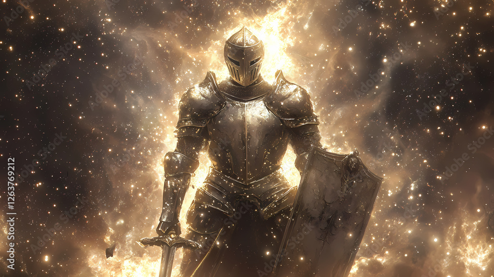 Fototapeta premium Glittering silver armor with shining sword and shield, surrounded by soft golden light, symbolizing faith, protection, and spiritual strength in a serene atmosphere. Nebula-Infused Armor. Illustration