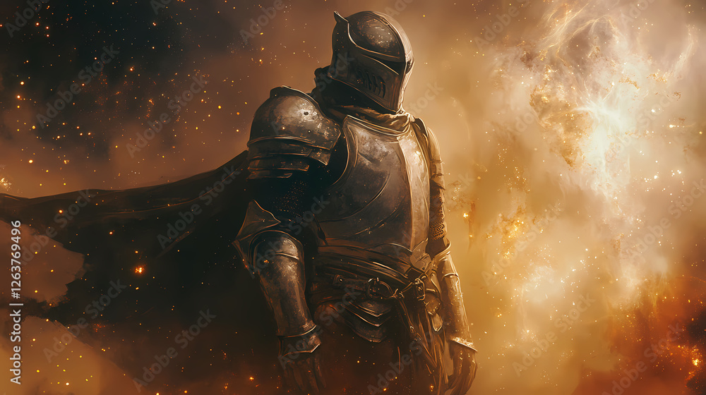 Fototapeta premium Medieval knight in a armour. Nebula-Infused Armor. Illustration
