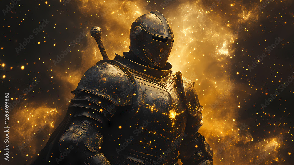 Fototapeta premium Medieval knight in armor with golden adornments, guarding the queen. generative ai. Nebula-Infused Armor. Illustration