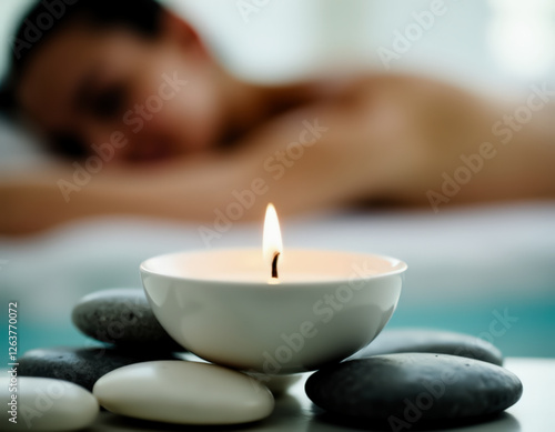 A harmonious spa scene features a lit candle and arranged stones, emphasizing relaxation, tranquility, and wellness. photo