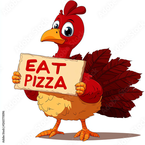 Funny cartoon turkey holding sign that says EAT PIZZA, with vibrant colors and cheerful expression. This whimsical illustration is perfect for holiday themes