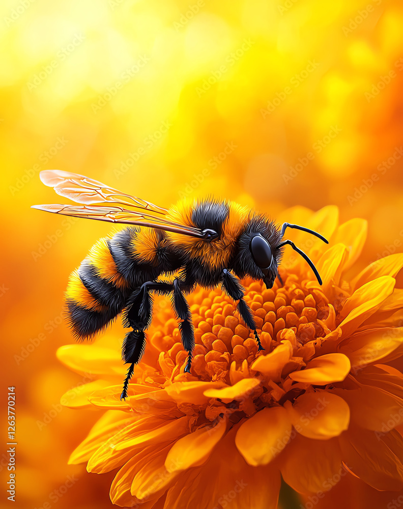 vibrant bee perched on bright yellow flower, showcasing intricate details and warm, sunny background. scene captures beauty of nature and importance of pollinators vibrant bee perched on bright yellow flower, showcasing intricate details and warm, sunny background. scene captures beauty of nature and importance of pollinators