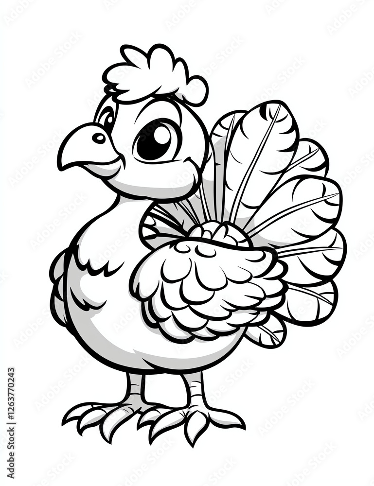Naklejka premium Cute cartoon turkey with cheerful expression, featuring fluffy body and detailed feathers, perfect for coloring activities