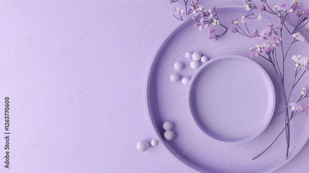 A serene purple tabletop arrangement featuring a plate, decorative balls, and delicate flowers A serene purple tabletop arrangement featuring a plate, decorative balls, and delicate flowers