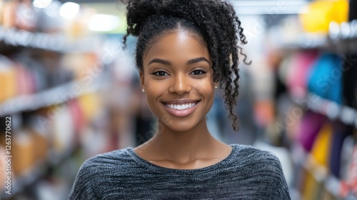Happy woman smiles in a grocery store