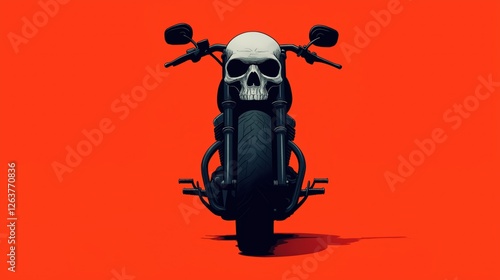 Bold graphic illustration of a motorcycle with a skull integrated into the front design against a striking red background photo