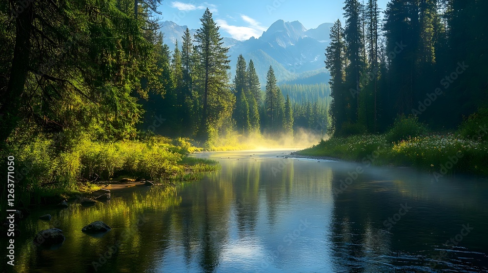 Fototapeta premium wide river that cuts through a forest with mountain backdrop