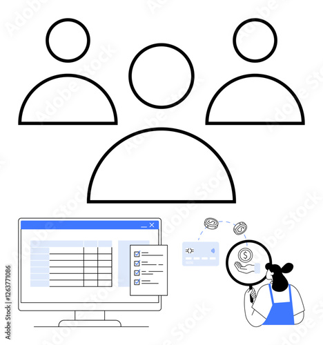 Simplified user icons representing a group above a desktop interface with data lists, a businesswoman handling online payment processing, and a currency symbol. Ideal for business operations, team