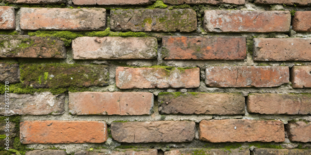 Authentic reclaimed brick texture with uneven, aged bricks, hints of green moss, and weathered surfaces Authentic reclaimed brick texture with uneven, aged bricks, hints of green moss, and weathered surfaces