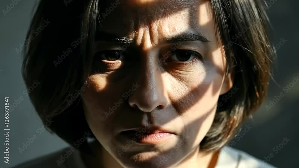 Intense expression of woman in dramatic shadows as light transitions across face Intense expression of woman in dramatic shadows as light transitions across face