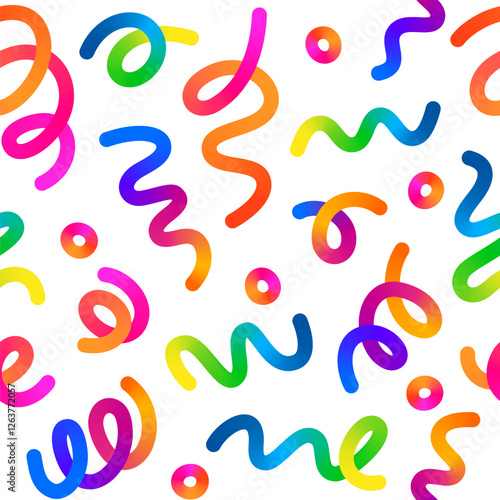 Vector Seamless Pattern with Color Confetti. Abstract Background with Squiggle Gradient Lines. Doodle Texture for Kids' Birthdays, Parties, and Carnival Celebrations