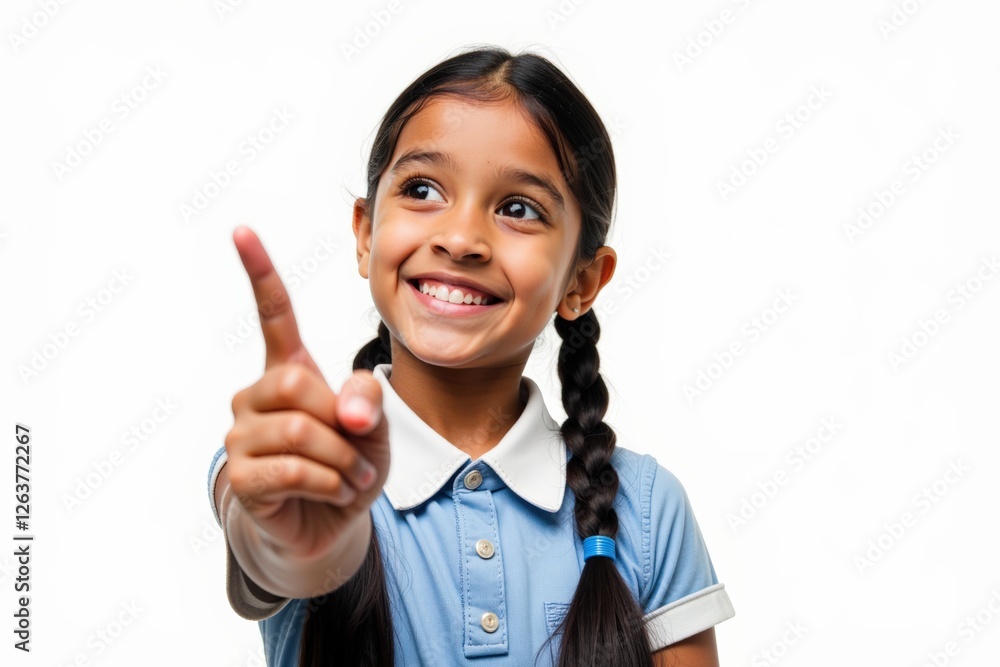 A Young Girl with Braided Hair Wearing a Blue Shirt Smiling and Pointing with Her Right Finger, Radiating Joy and Curiosity in a Simple Studio Setting A Young Girl with Braided Hair Wearing a Blue Shirt Smiling and Pointing with Her Right Finger, Radiating Joy and Curiosity in a Simple Studio Setting